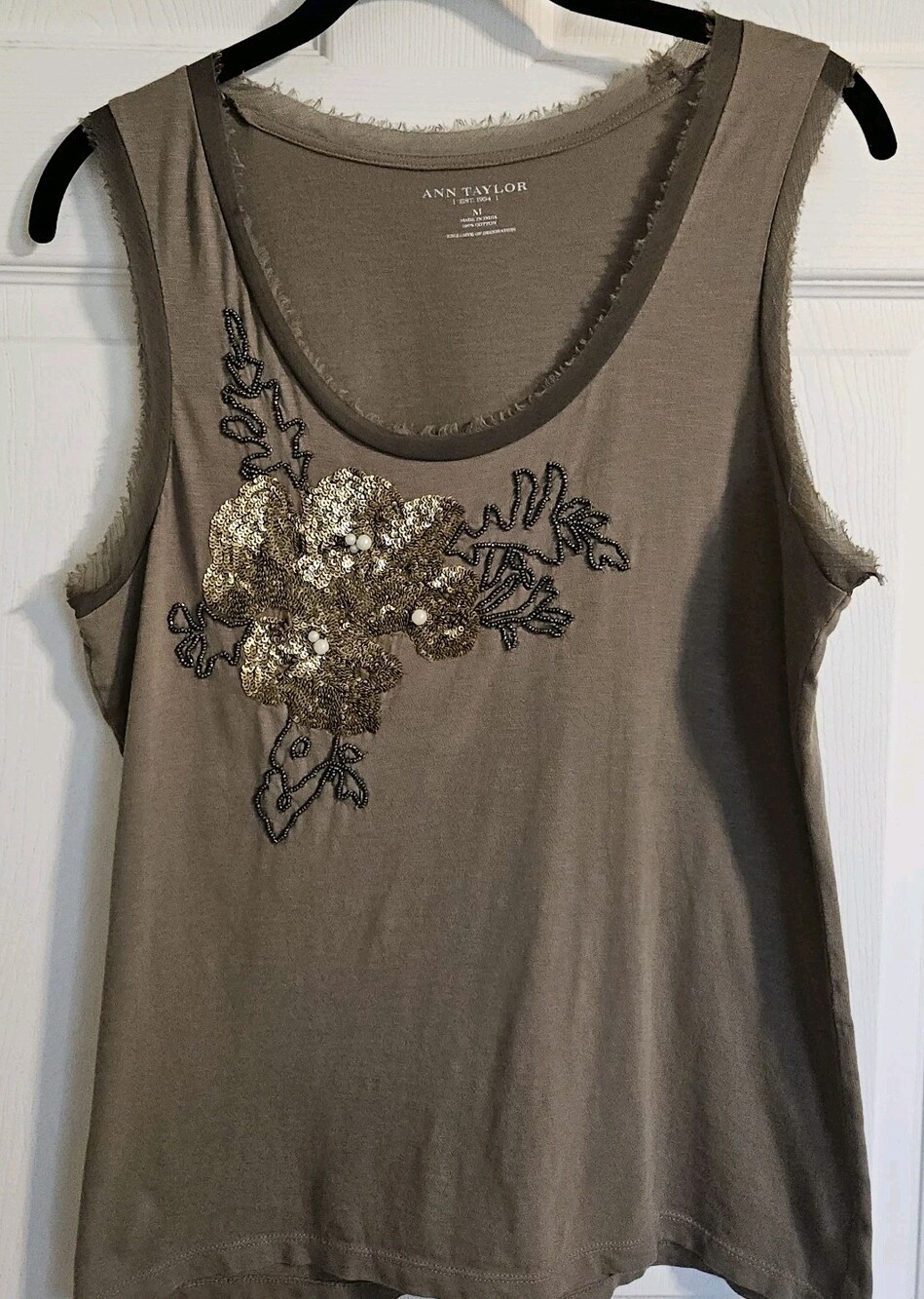 Ann Taylor Women's Size-Medium Beaded Taupe Boho Sleeveless Blouse